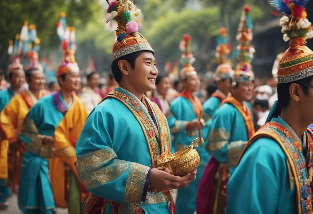 A colorful parade of traditional festival symbols and rituals, blending ancient and modern elements in a joyful celebration