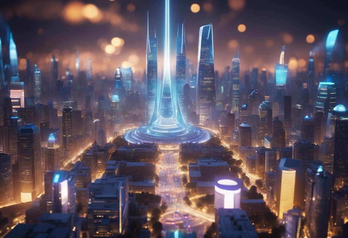 A futuristic cityscape with holographic displays of diverse cultural symbols and vibrant lights, showcasing the evolution of cultural festivals from ancient rituals to modern-day celebrations