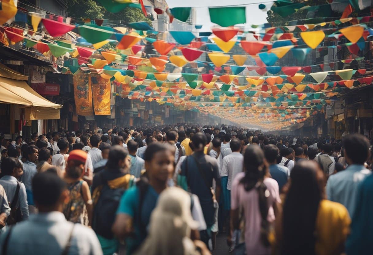 Vibrant festival banners line bustling streets, as crowds gather around lively music and colorful performances, creating a bustling atmosphere of celebration and cultural exchange