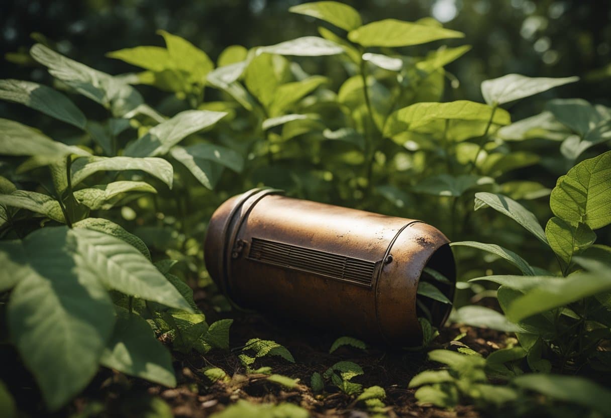 A rusted metal capsule sits among overgrown plants, sunlight filtering through the trees, casting shadows on its surface. The capsule is weathered, yet still holds the promise of preserving history for future generations