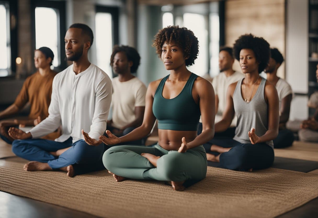 A diverse group of people engage in cultural wellness practices, such as meditation and traditional healing, in a global mental health setting