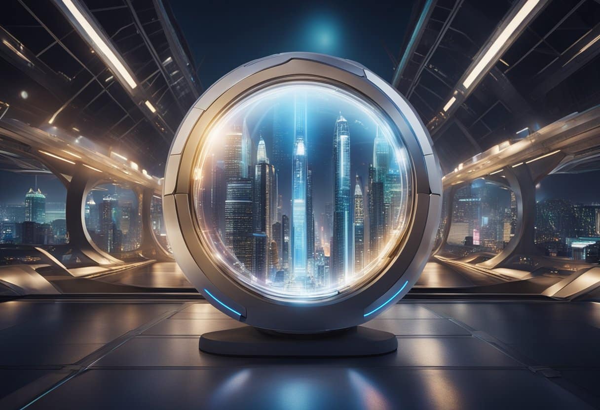 A time capsule is buried in a futuristic city, with holographic displays and advanced technology surrounding it. The capsule is a bridge between past and future