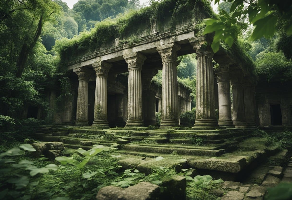 Ancient ruins surrounded by lush vegetation, with a sense of abandonment and mystery. A crumbling temple stands as a testament to a lost civilization