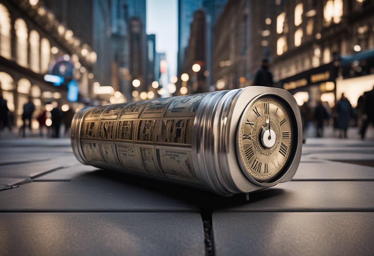 A time capsule sits at the center of a bustling city, surrounded by people of all ages. The capsule represents a bridge between past, present, and future, symbolizing the societal impacts of preserving history for generations to come