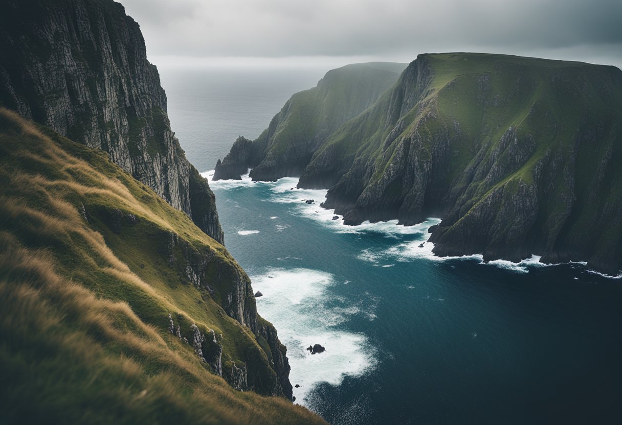 Slieve League Cliffs - The Slieve League Cliffs rise majestically from the ocean, their rugged edges carved by centuries of crashing waves. The misty air is filled with the echoes of ancient folk tales, as the cliffs stand as silent guardians against the relentless sea