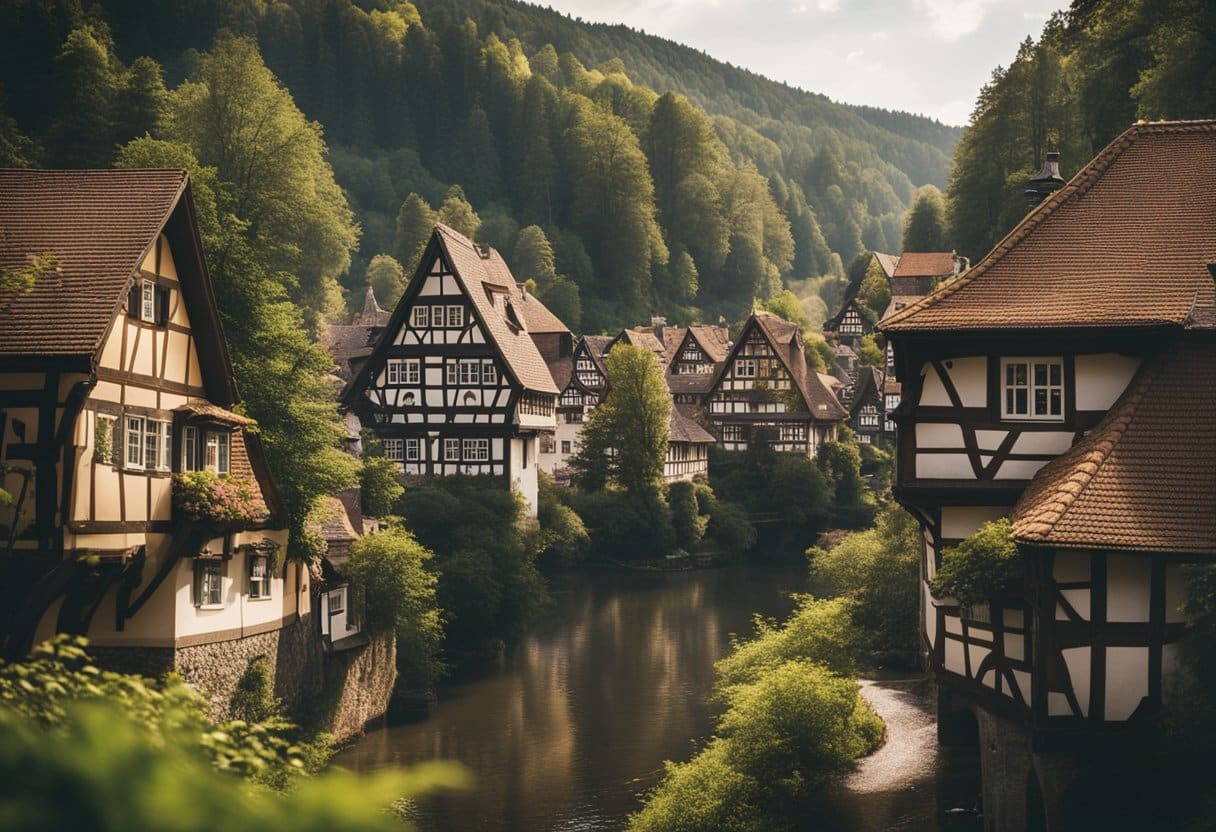 Brothers Grimm - A quaint German village nestled in a lush forest, with half-timbered houses and a winding river, where magical creatures roam freely