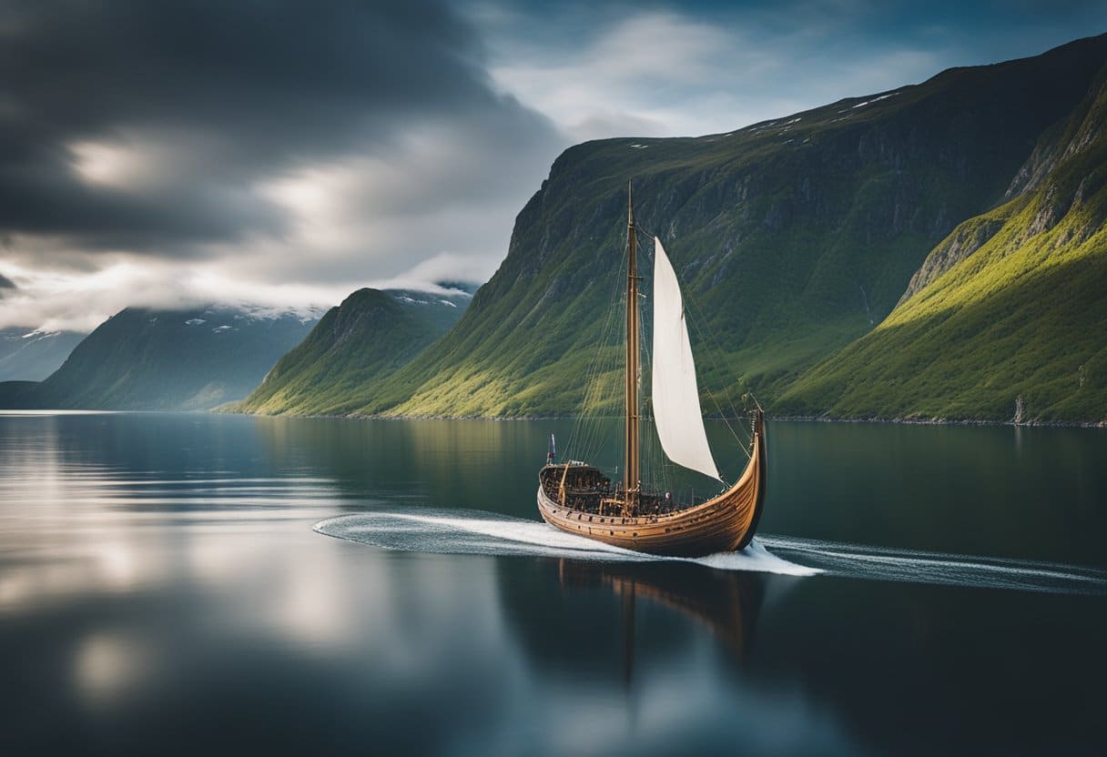 Norse Mythology - Viking longship sailing through Norwegian fjords towards Scottish isles. Mountains, waterfalls, and rugged coastline in the background
