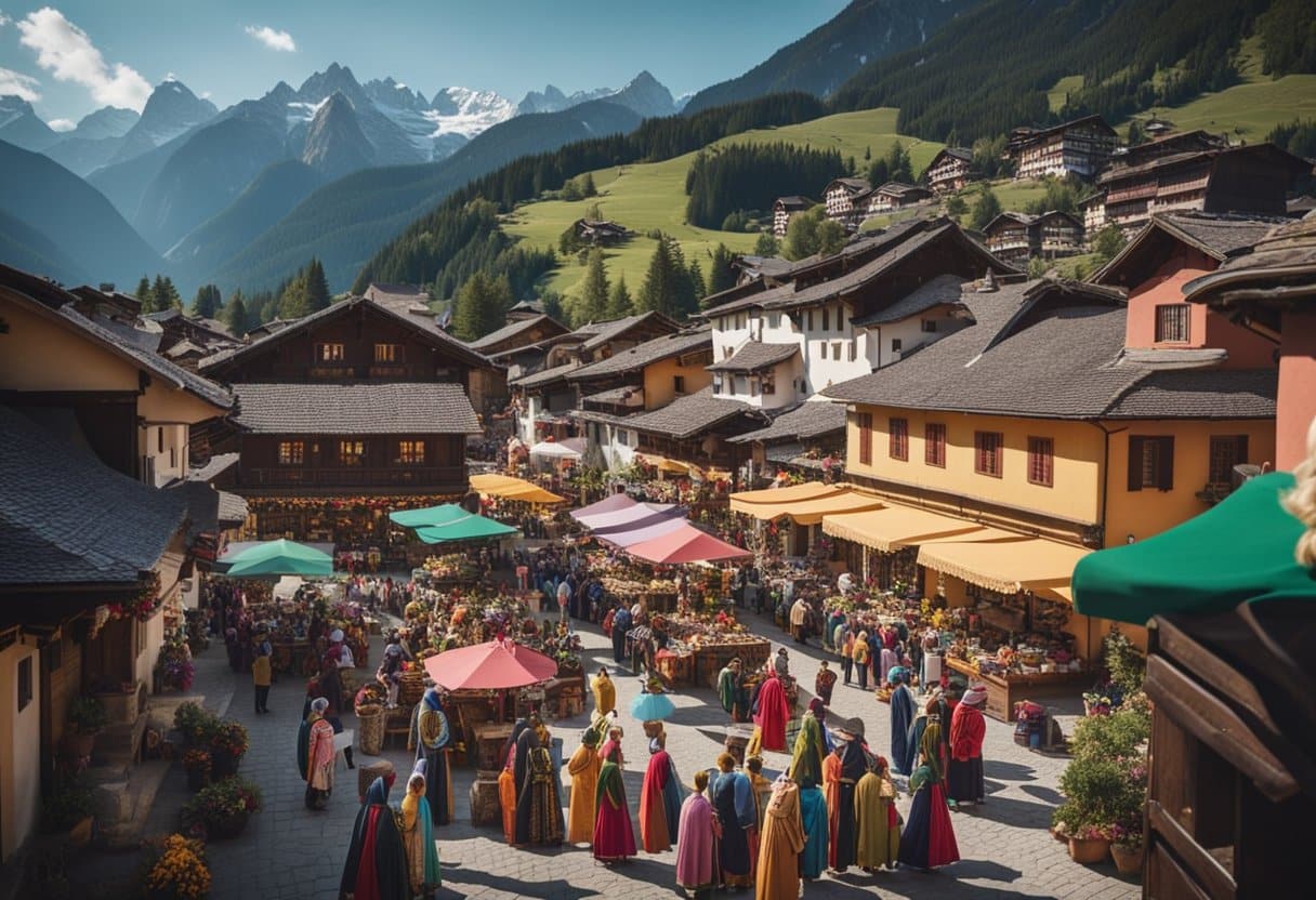 Alpine Folklore - A lively village square filled with colorful traditional costumes, lively music, and festive decorations, surrounded by the majestic peaks of the Alps