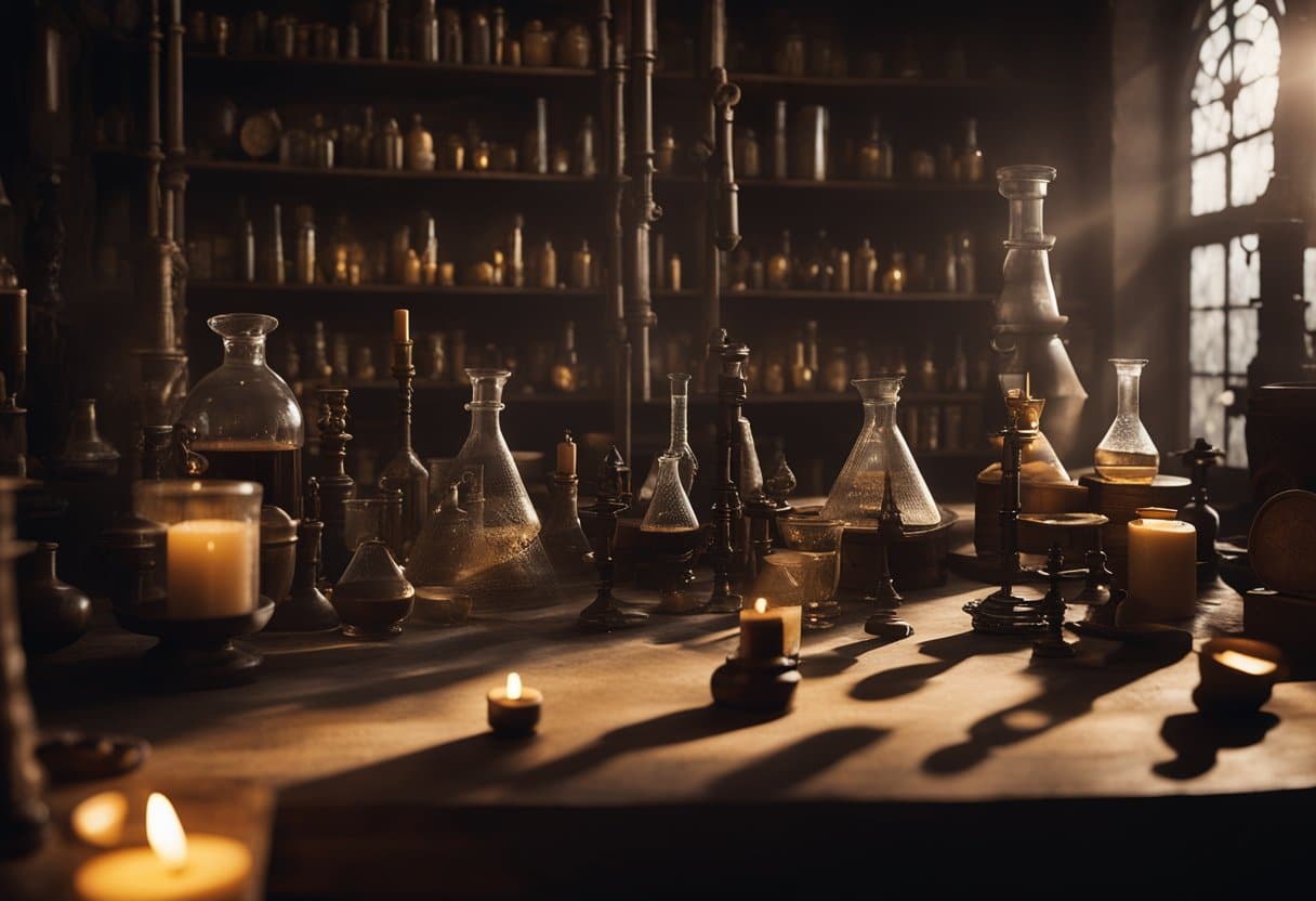 An ancient alchemy laboratory with bubbling potions, mysterious symbols, and dusty tomes. A flickering candle casts eerie shadows on the walls, where intricate diagrams are etched
