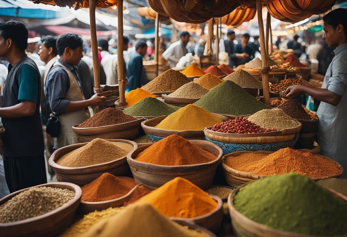Spice trails - Vibrant market stalls line the bustling trade center, showcasing an array of colorful spices and exotic goods. Aromas of cinnamon, cardamom, and cloves fill the air, as merchants barter and trade along the ancient spice trails