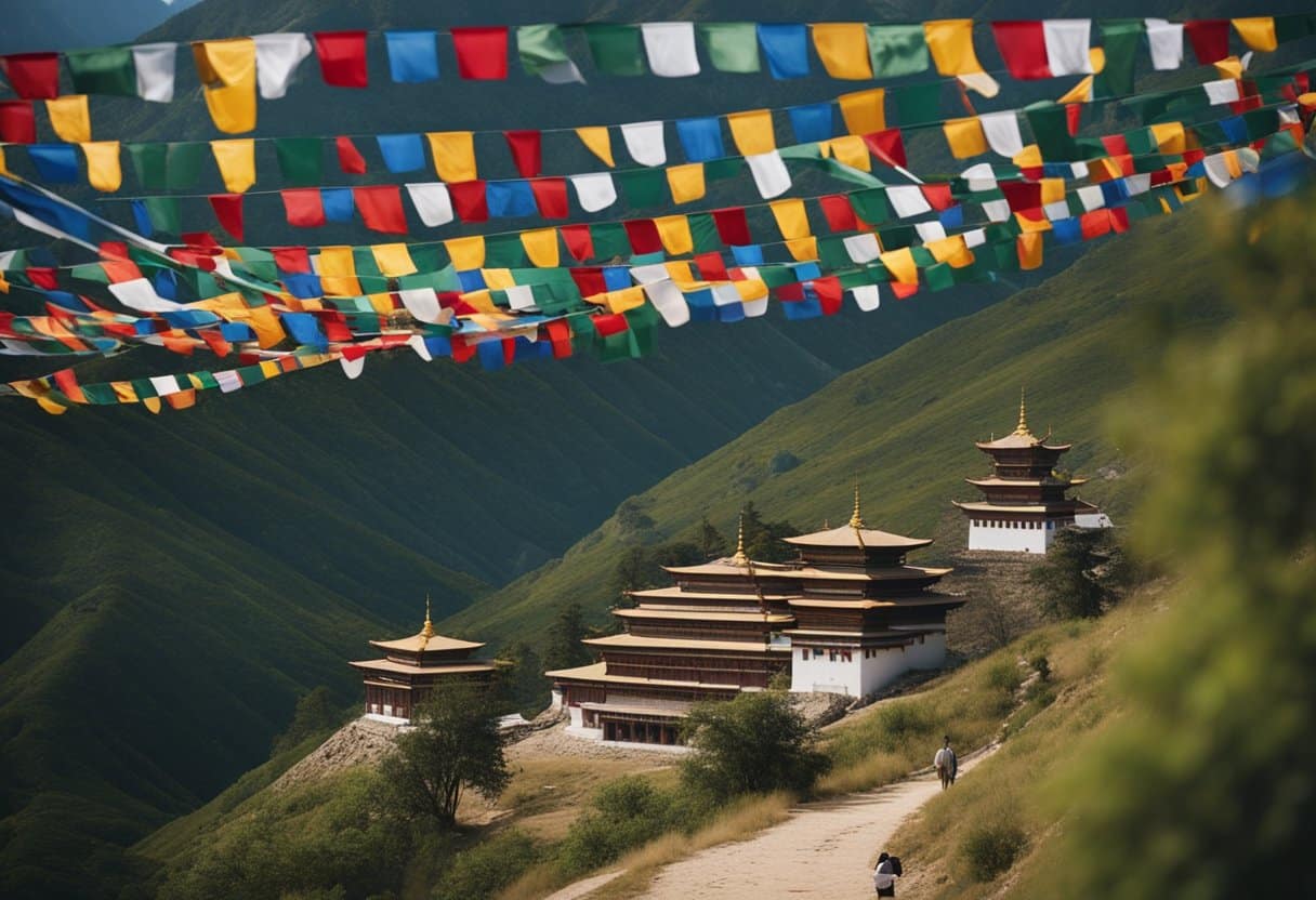 A serene mountain landscape with prayer flags fluttering in the wind, a monastery perched on a hill, and monks engaged in prayer and meditation