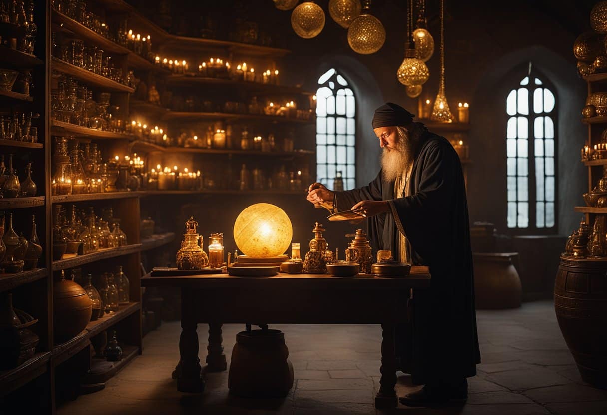 In a dimly lit chamber, an alchemist carefully mixes potions while ancient texts and symbols adorn the walls. A glowing orb illuminates the room, casting an ethereal light on the mystical instruments and ingredients scattered across the table
