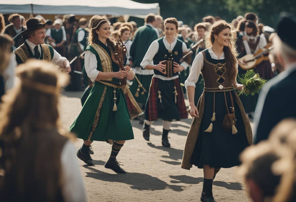 A traditional Irish and Scottish Gaelic festival, with dancers, musicians, and people wearing traditional clothing, surrounded by symbols of both cultures