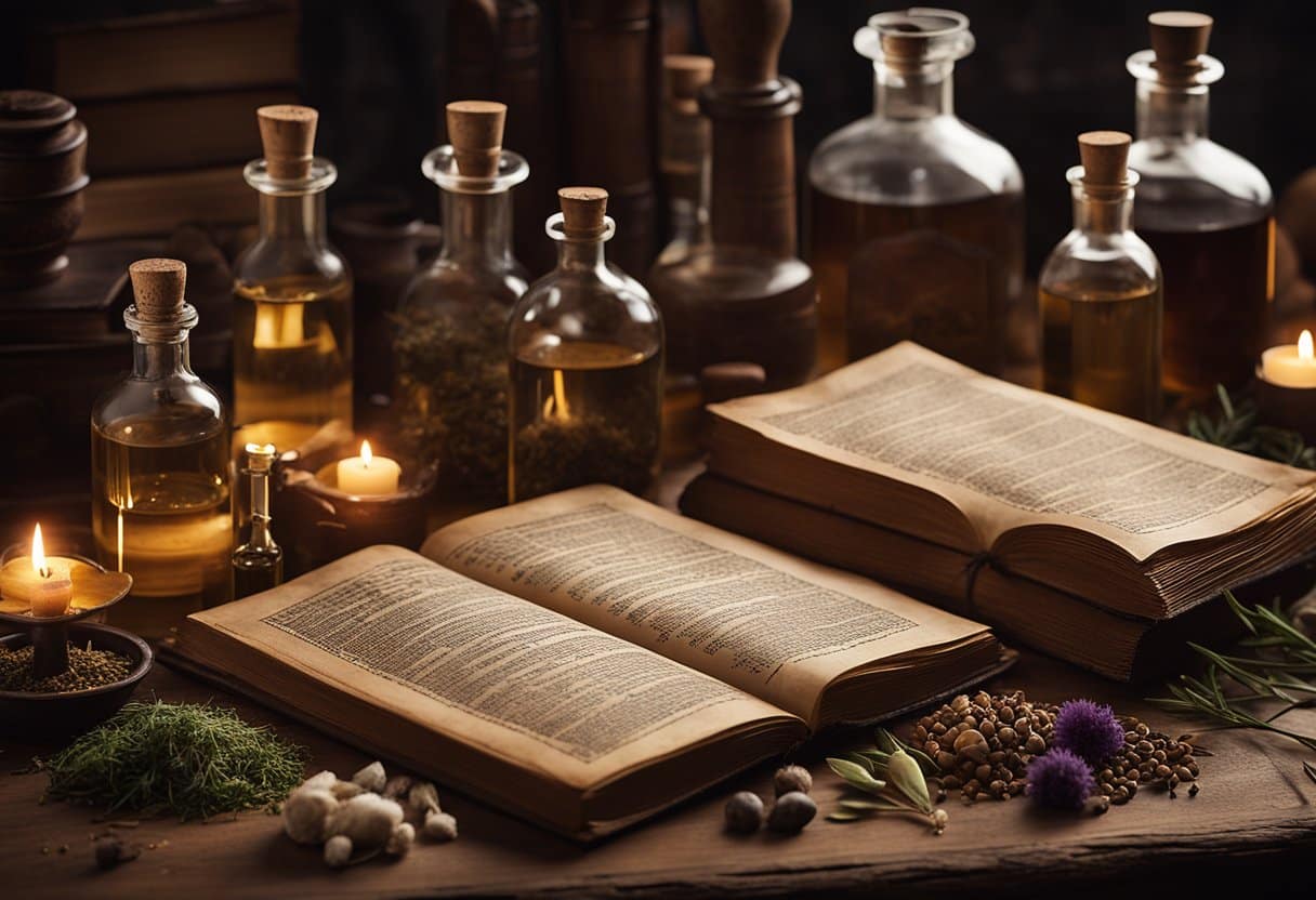 An ancient alchemical manuscript lies open on a wooden table, surrounded by vials, flasks, and mysterious ingredients. A dimly lit room filled with the scent of herbs and potions