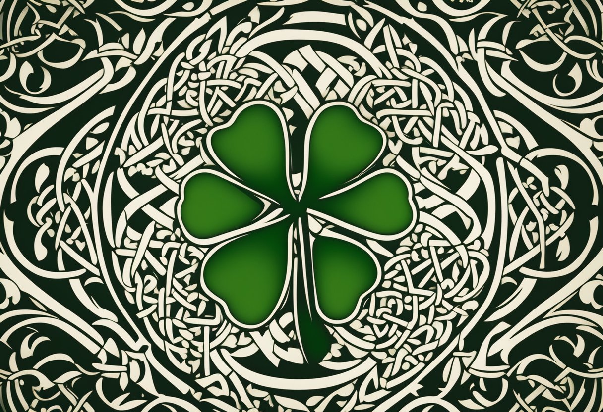 Irish and Scottish Gaelic symbols, such as shamrocks and thistles, are intertwined amidst traditional Celtic knots and patterns