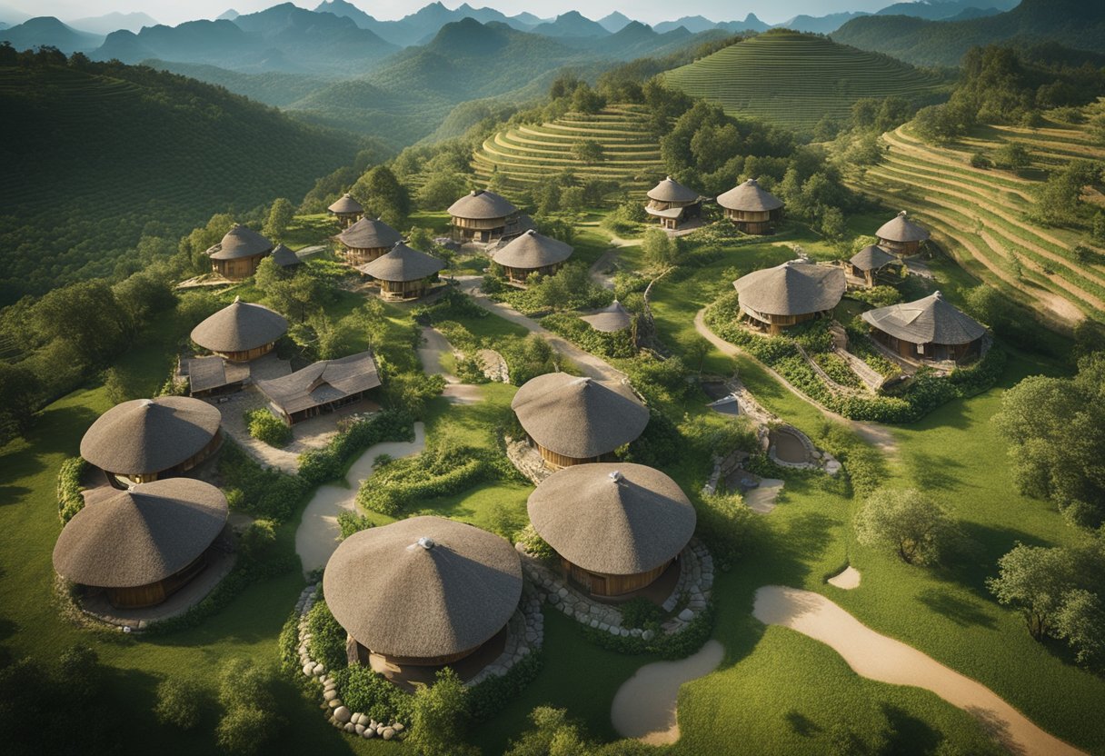 An aerial view of diverse eco-villages and utopian communities around the world, showcasing different architectural styles and sustainable living practices
