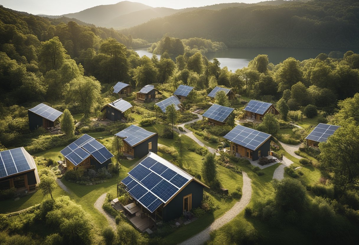 A diverse eco-village, with sustainable homes and gardens, surrounded by lush forests and clean waterways. Renewable energy sources power the community, while residents engage in permaculture and communal living