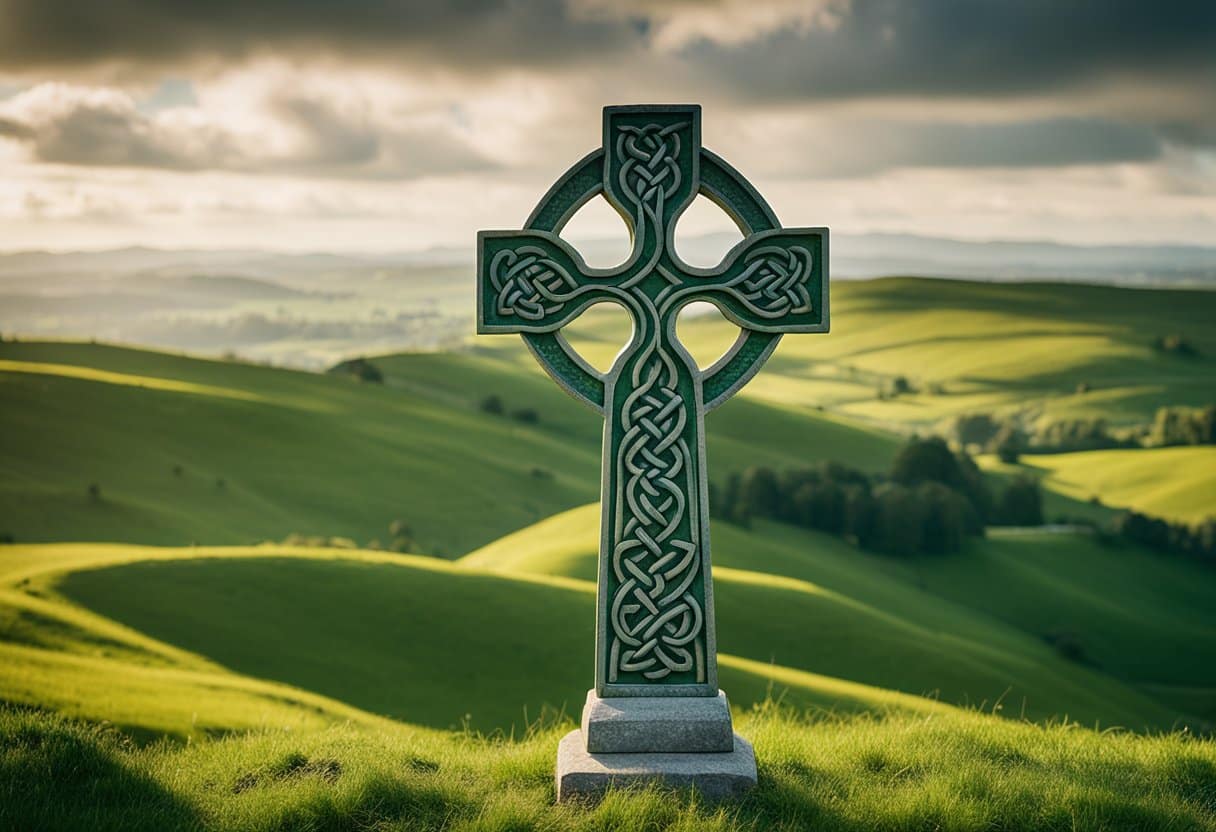 A Celtic cross stands tall against a backdrop of rolling green hills, symbolizing the enduring influence of Irish monasticism on European learning