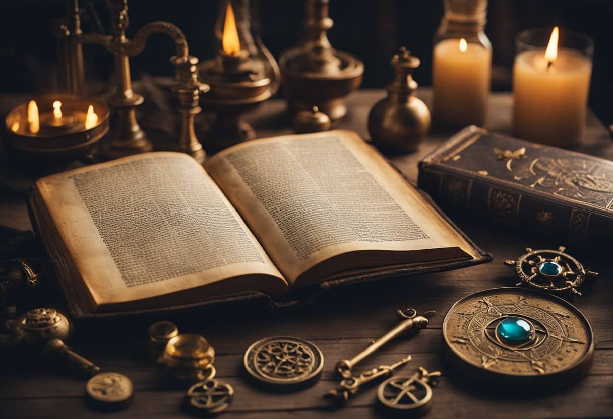 An ancient alchemy book open on a table, surrounded by mystical symbols and old artifacts