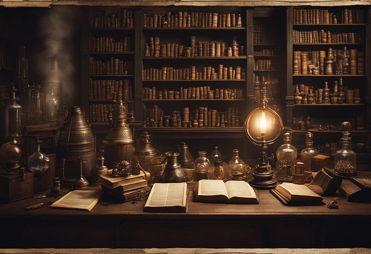 A dimly lit alchemical laboratory filled with ancient texts and mysterious artifacts, shrouded in secrecy and surrounded by an aura of ethical ambiguity