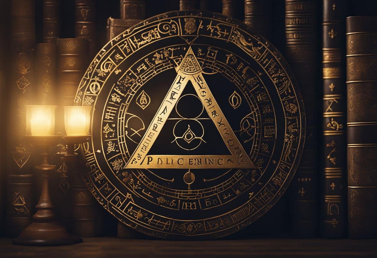 An ancient alchemical symbol glows in the dim light, surrounded by mystical texts and mysterious artifacts. A sense of wisdom and transcendence fills the air