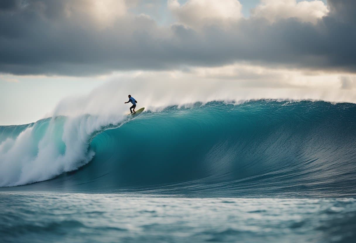 A surfer rides a massive wave, with the iconic landscapes of Hawaii and Australia in the background. The vibrant surf culture is evident through the traditional symbols and practices present in the scene