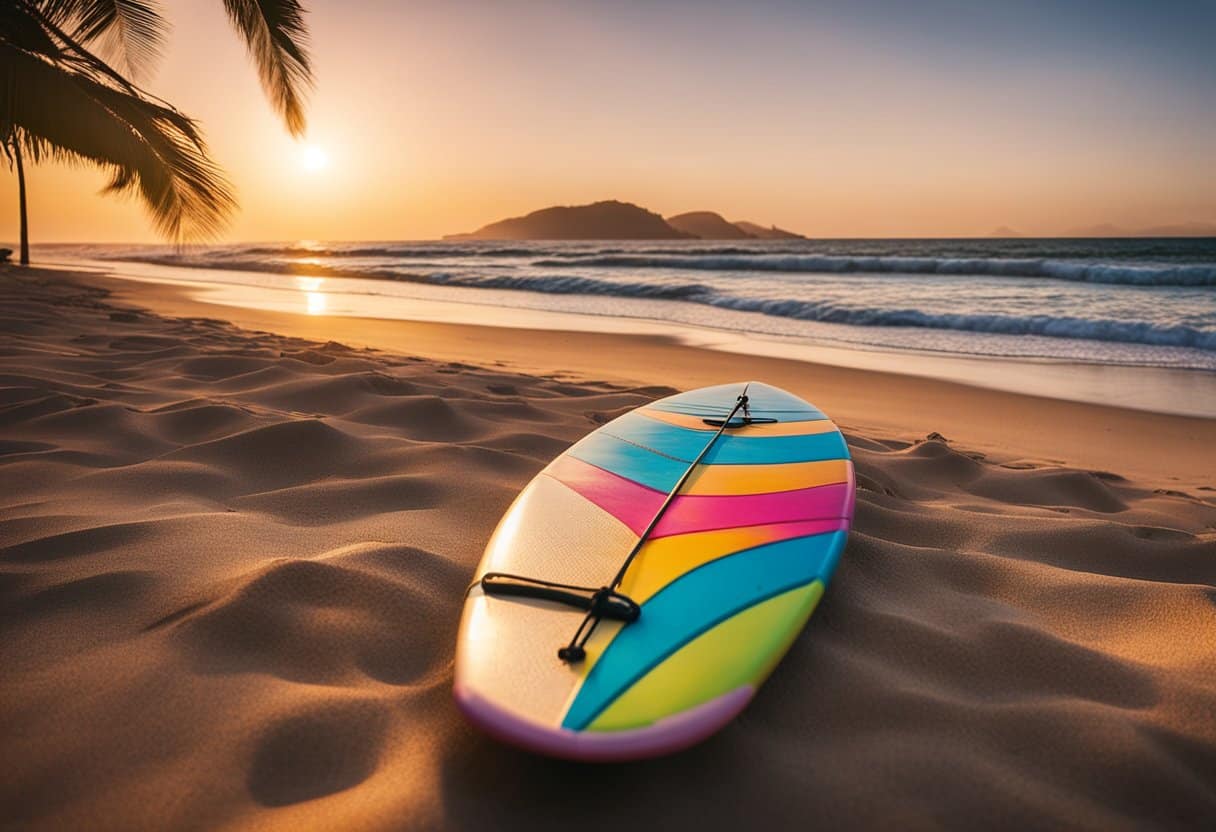 A colorful surfboard leans against a palm tree on a sandy beach, with waves crashing in the background. The sun sets behind a silhouette of distant mountains