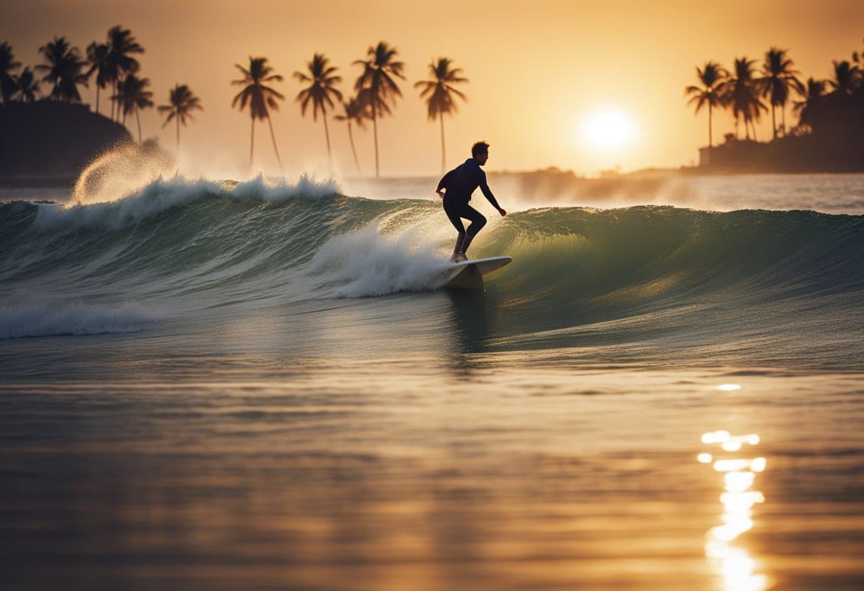 A surfer rides a massive wave, with palm trees in the background and the sun setting over the ocean