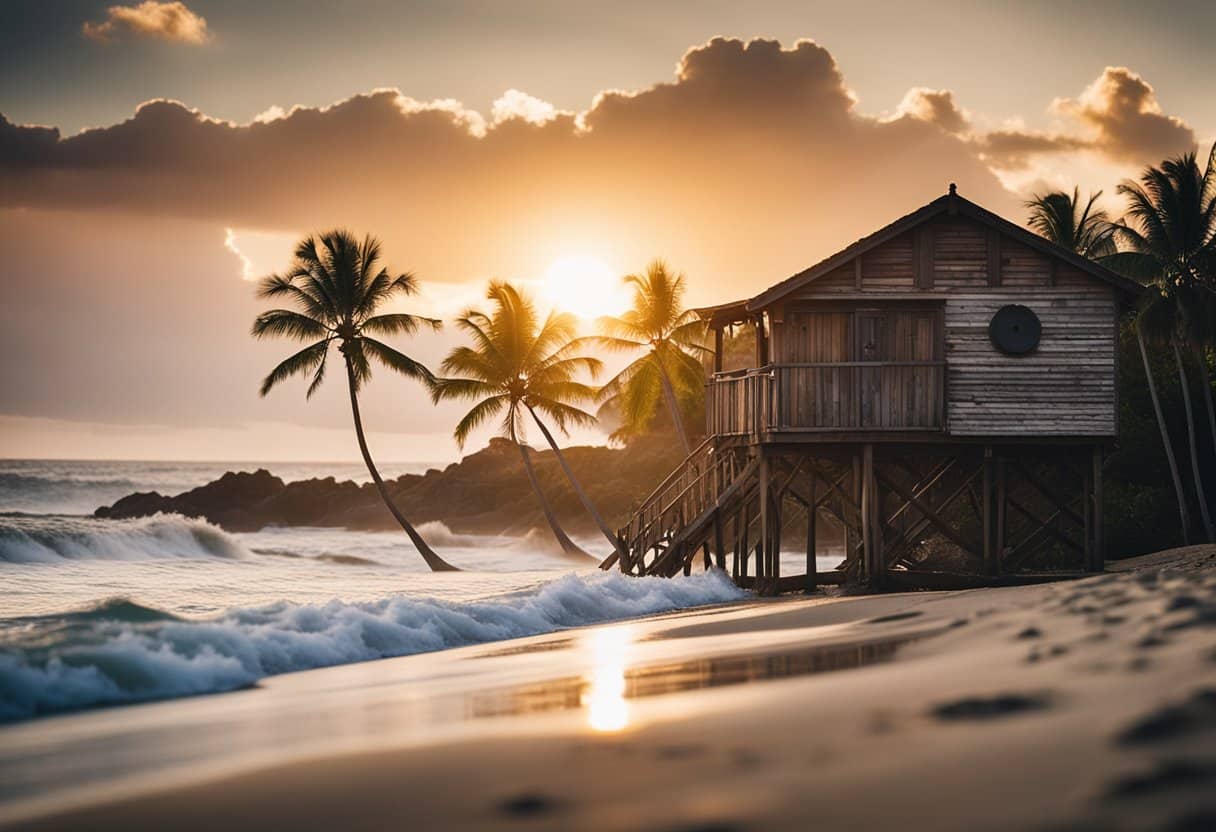 The sun sets over a tranquil beach, as waves crash against the shore. Palm trees sway in the breeze, while surfboards rest against a wooden shack