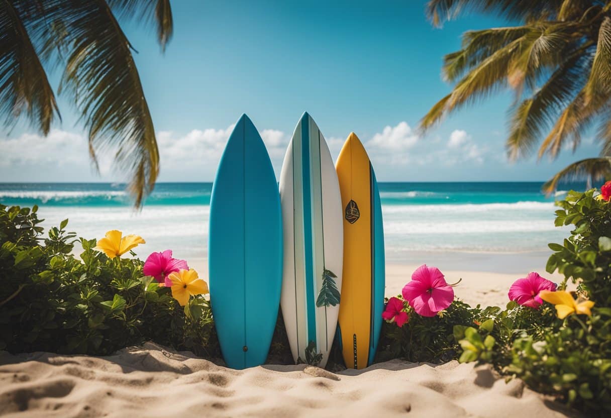 A vibrant beach scene with surfboards leaning against palm trees, colorful hibiscus flowers, and a clear blue ocean with rolling waves in the background