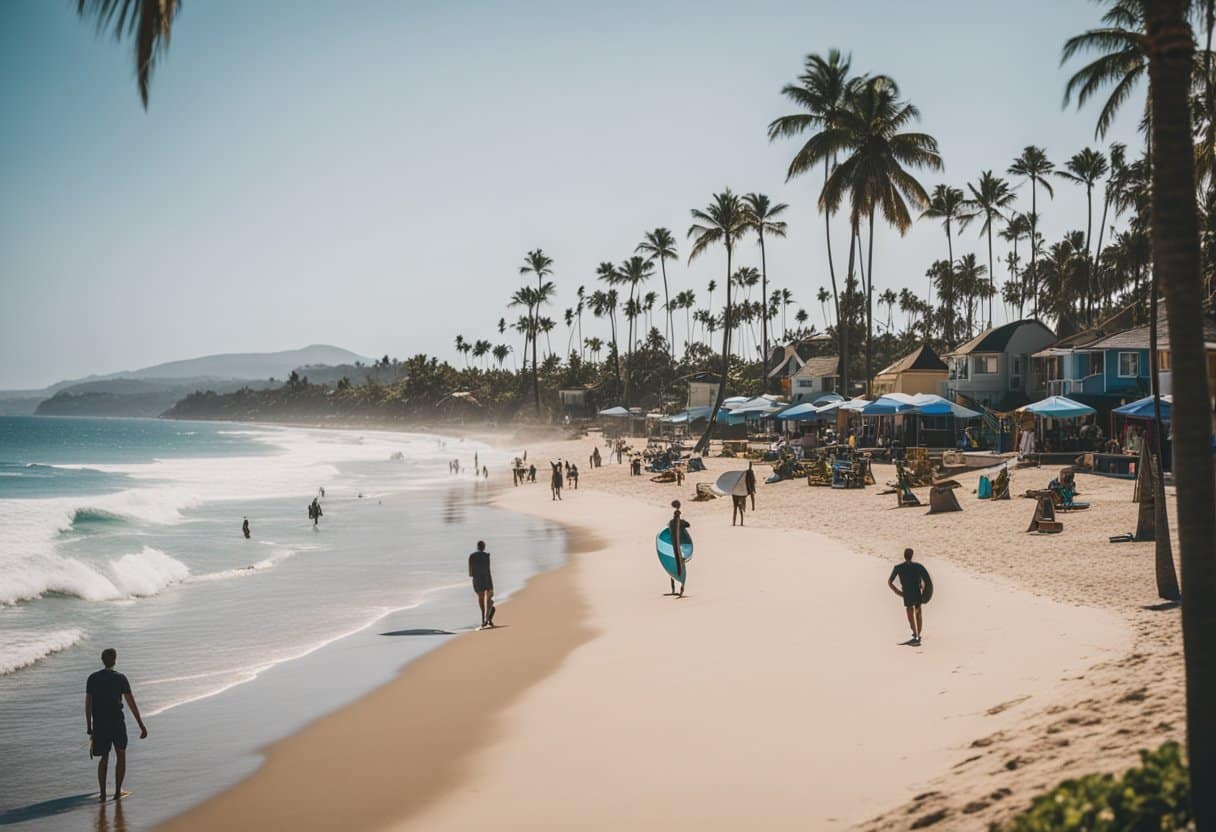 A beach lined with surfboards, palm trees, and beach huts. Surfers catching waves, while onlookers relax on the sand. A vibrant and inclusive atmosphere