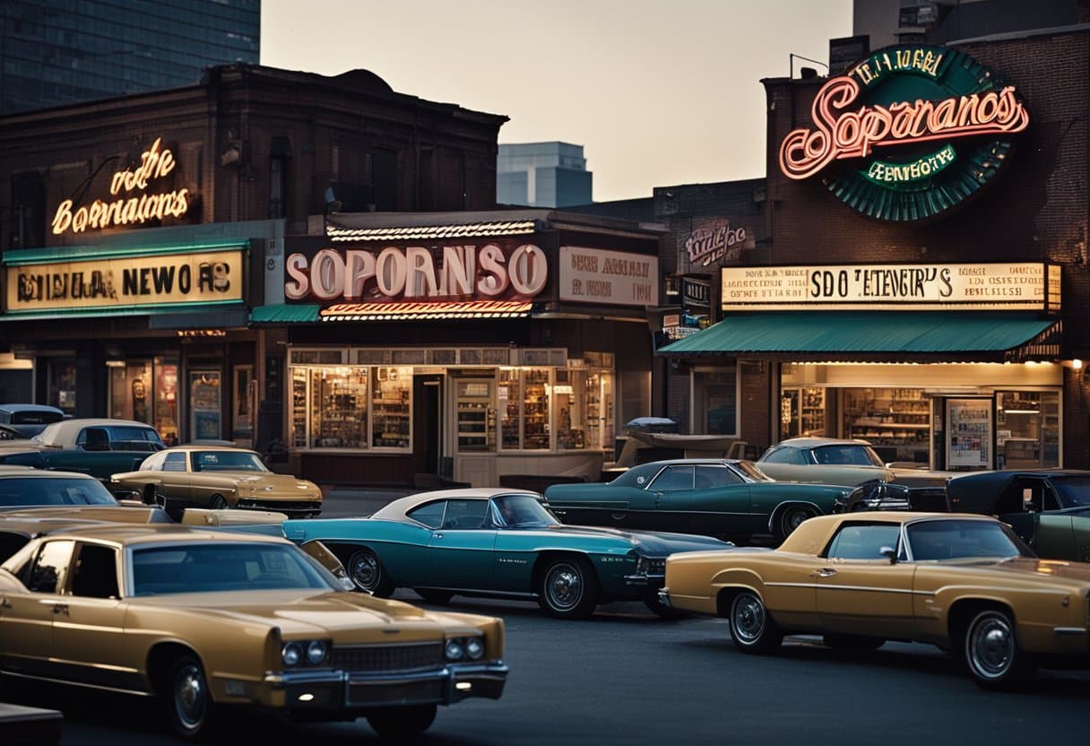 The scene depicts iconic New Jersey landmarks from "The Sopranos," including the Bada Bing strip club, Satriale's Pork Store, and the skyline of Newark