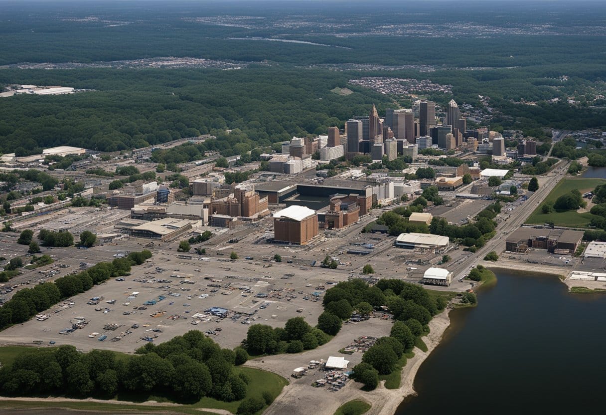 Aerial view of New Jersey landscape with iconic landmarks from The Sopranos, including the Bada Bing strip club and Satriale's pork store