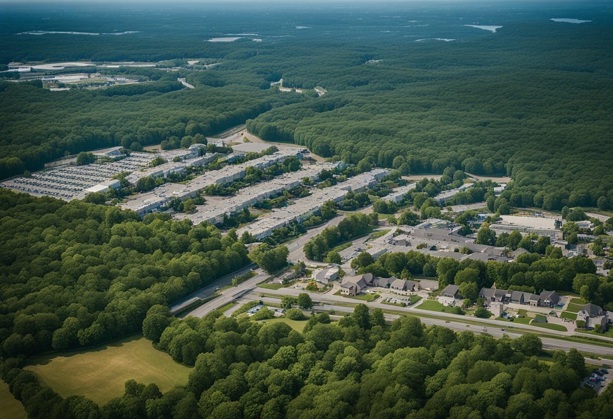 Aerial view of Tony's suburban New Jersey neighborhood, with rows of identical houses, leafy trees, and winding streets. The iconic Bada Bing strip club stands out among the otherwise ordinary buildings