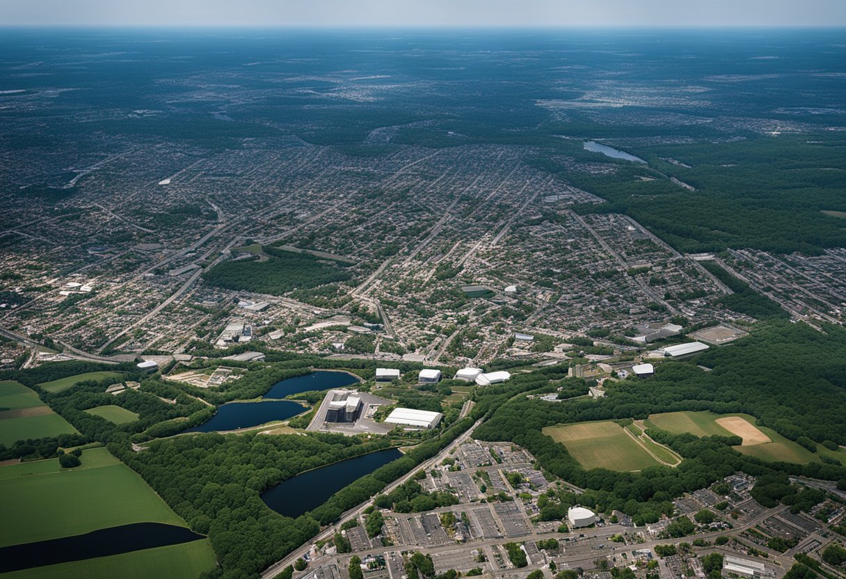 Aerial view of New Jersey landscape, with urban and suburban areas, highways, and industrial sites, capturing the essence of Tony Soprano's territory