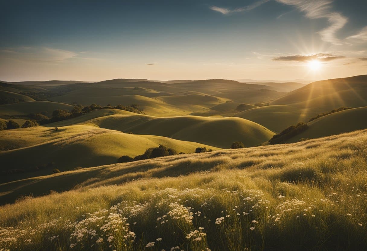 The Burren - Rolling hills of limestone, etched with deep crevices and dotted with wildflowers. The sun casts long shadows across the rugged landscape, creating a dramatic and captivating scene