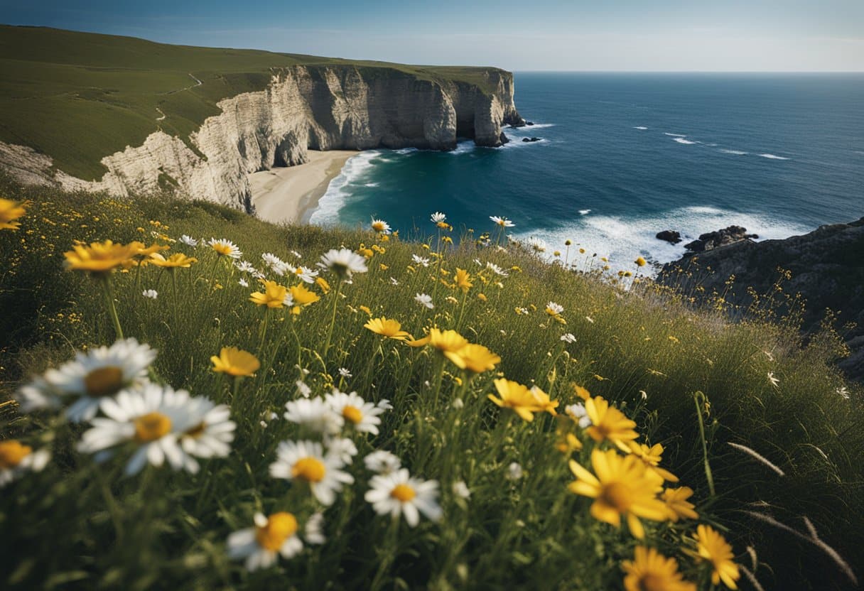 The Burren - Limestone cliffs overlook the crashing waves, with vibrant wildflowers and grasses clinging to the rocky terrain. The rugged coastline stretches out into the distance, creating a dramatic and picturesque scene