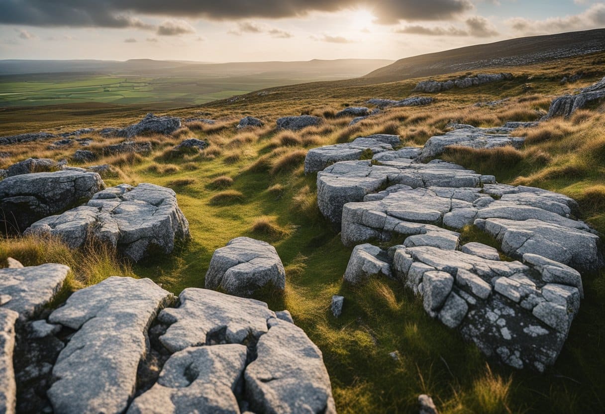 The Burren - The Burren's limestone vistas stretch across the horizon, featuring intricate patterns and unique formations. The rugged terrain is dotted with pockets of vibrant flora, creating a stunning contrast against the stark, rocky landscape