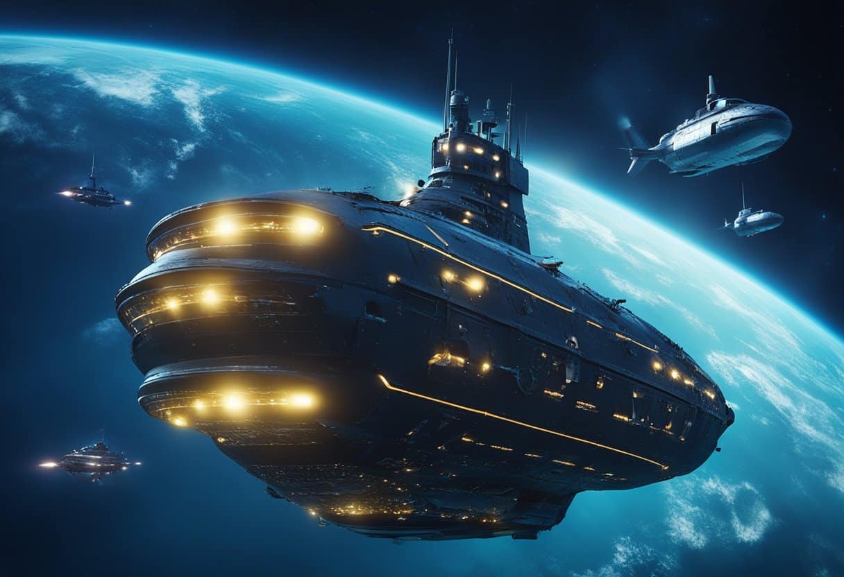 Vast ocean depths with high-tech submarines exploring unknown territories, while above, spacecrafts venture into the uncharted realms of outer space