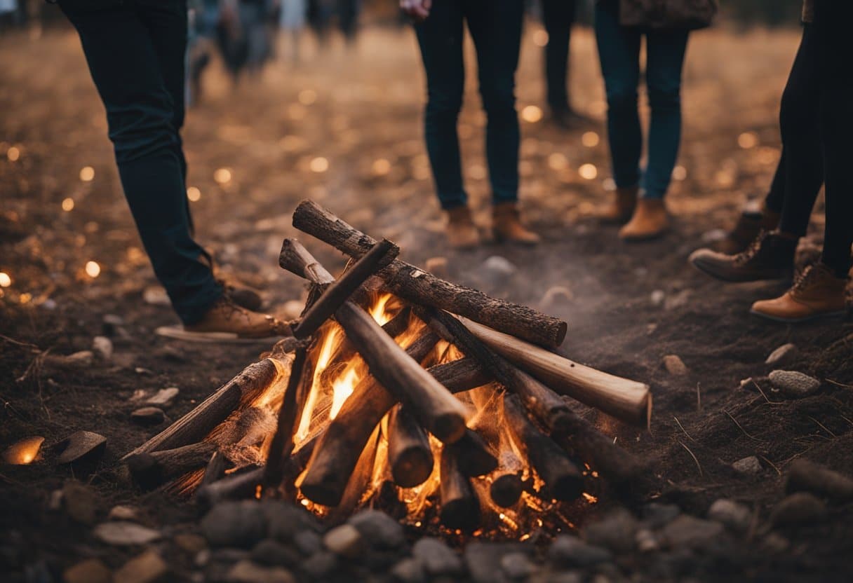 A group of people gather around a bonfire, moving to the rhythm of traditional Irish music, their feet tapping out intricate patterns on the ground