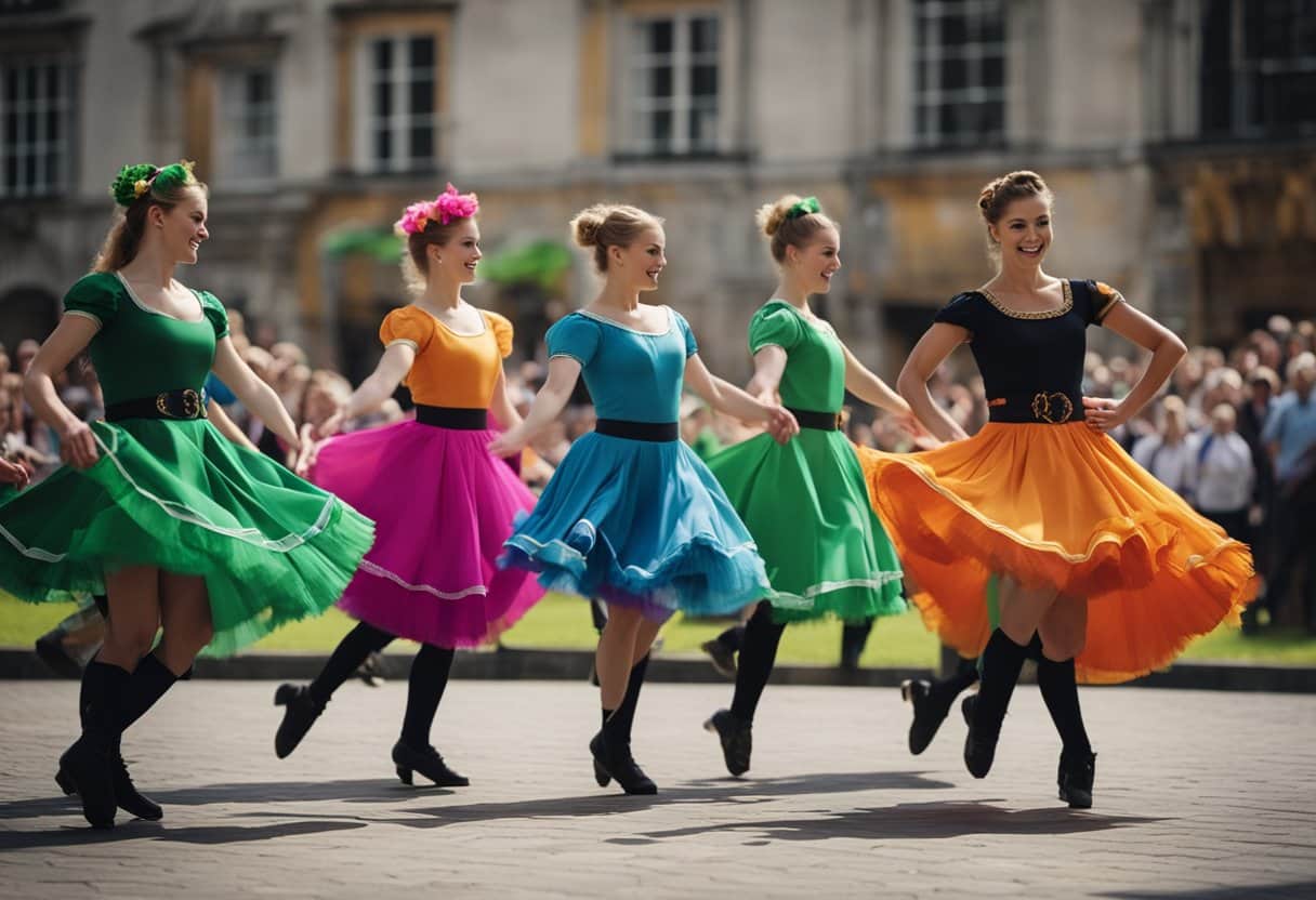 A group of dancers perform traditional Irish steps with lively footwork and colorful costumes