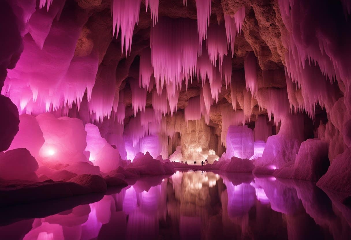 Himalayan Salt Mines - A vast underground cavern with intricate salt formations, illuminated by soft, warm light. Miners work diligently, extracting pink and white salt crystals from the walls