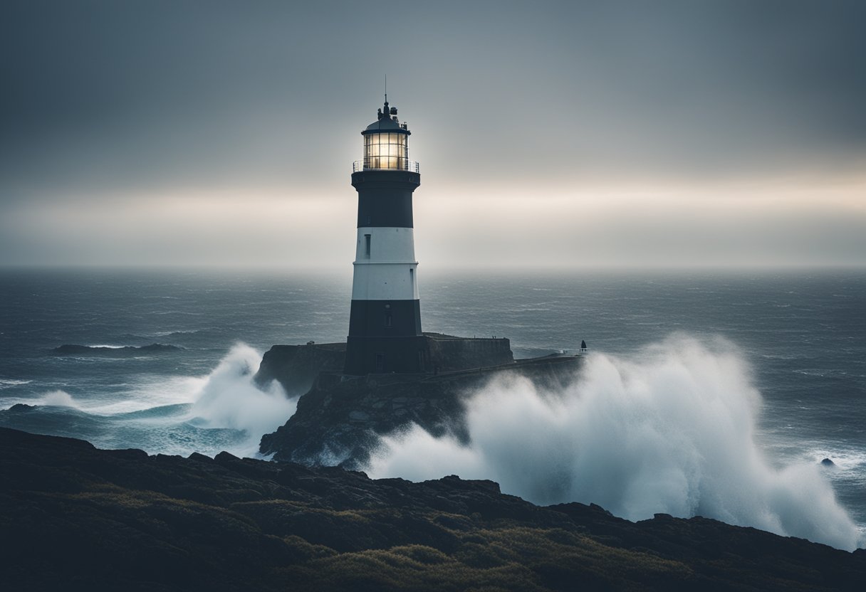 Lore of Lighthouses - A lighthouse stands tall against a dramatic coastal landscape, its beacon cutting through the misty air, guiding ships safely through treacherous waters