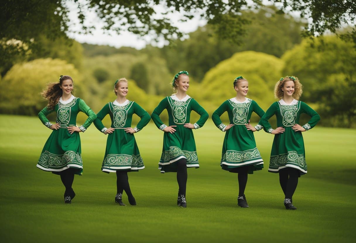 A group of dancers perform lively, intricate footwork in traditional Irish dance costumes, surrounded by Celtic symbols and vibrant green landscapes