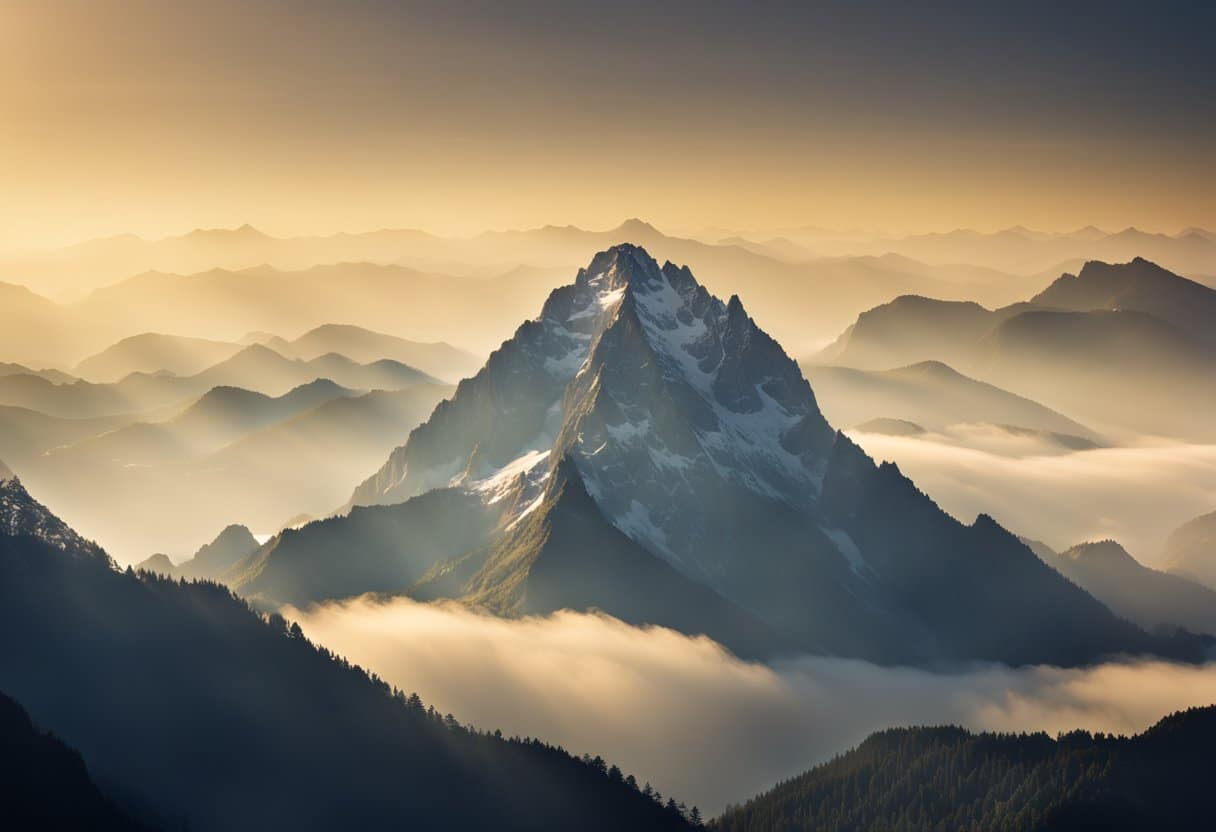 Mountains rise majestically, shrouded in mist and bathed in golden light. Symbols of divinity and transcendence adorn their peaks
