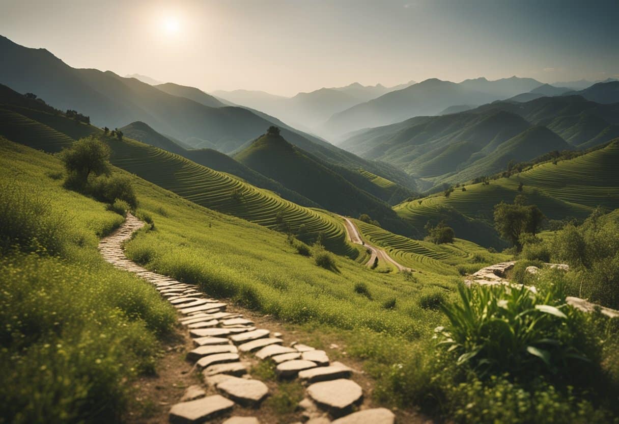 the sufi trail - A winding trail through lush landscapes, connecting Turkey to South Asia. Mystical symbols and musical notes float in the air, evoking the rich history of Sufism