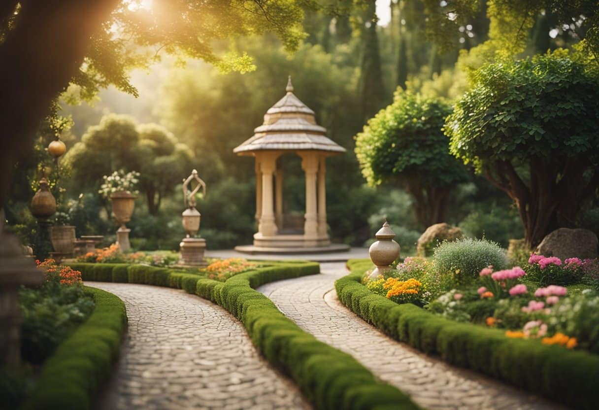 the sufi trail - A tranquil garden with a winding path, leading to a vibrant mosaic shrine. Music and mysticism intertwine in the air