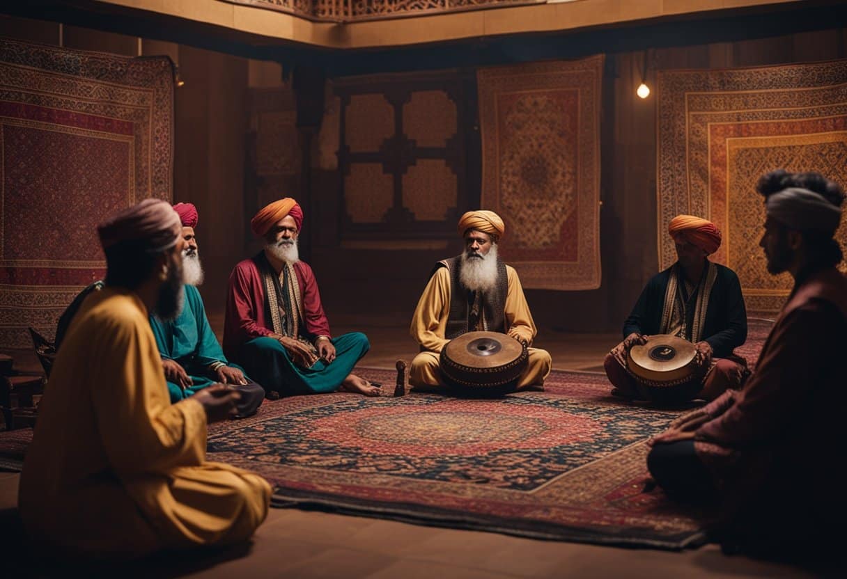 the sufi trail - A group of musicians play traditional Sufi instruments while a poet recites verses in a dimly lit room adorned with intricate tapestries and colorful rugs