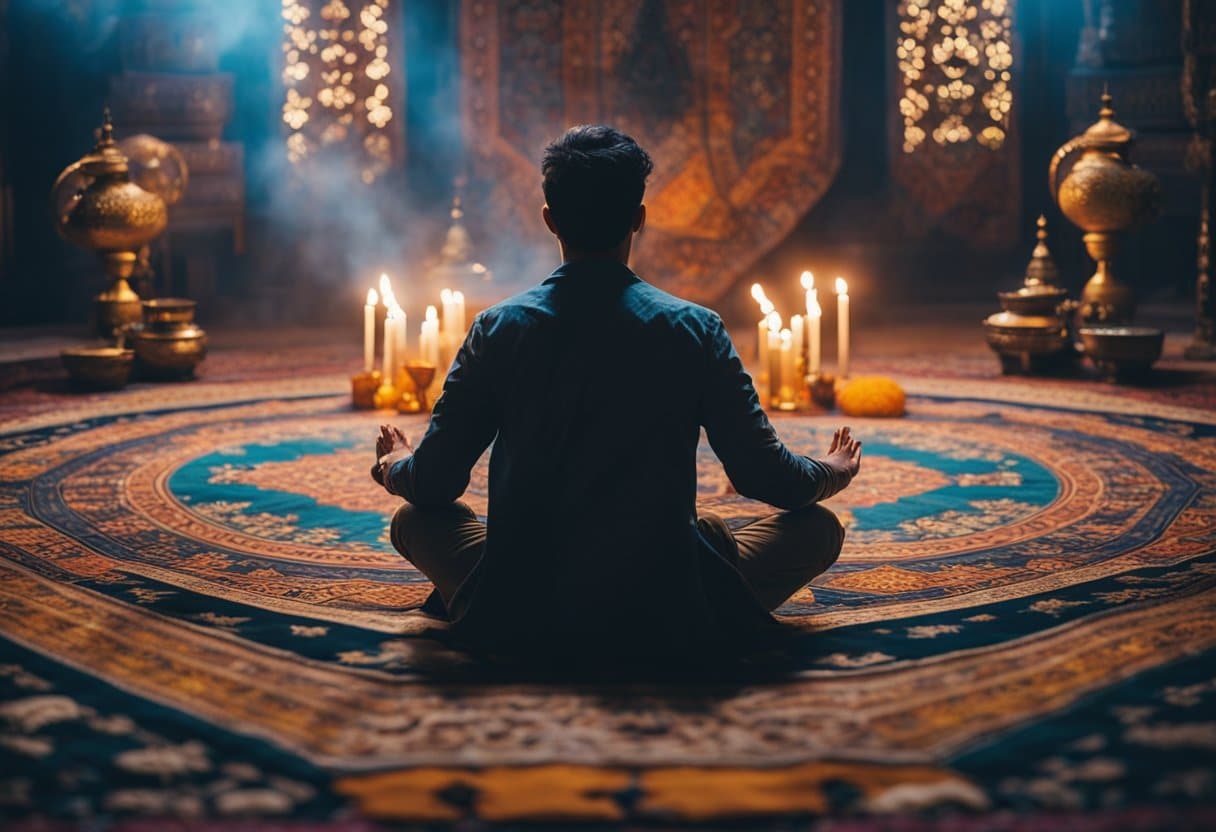the sufi trail - A mystical figure sits cross-legged on a vibrant tapestry, surrounded by musical instruments and ornate rugs. The room is filled with the scent of incense, and the sound of soft chanting fills the air