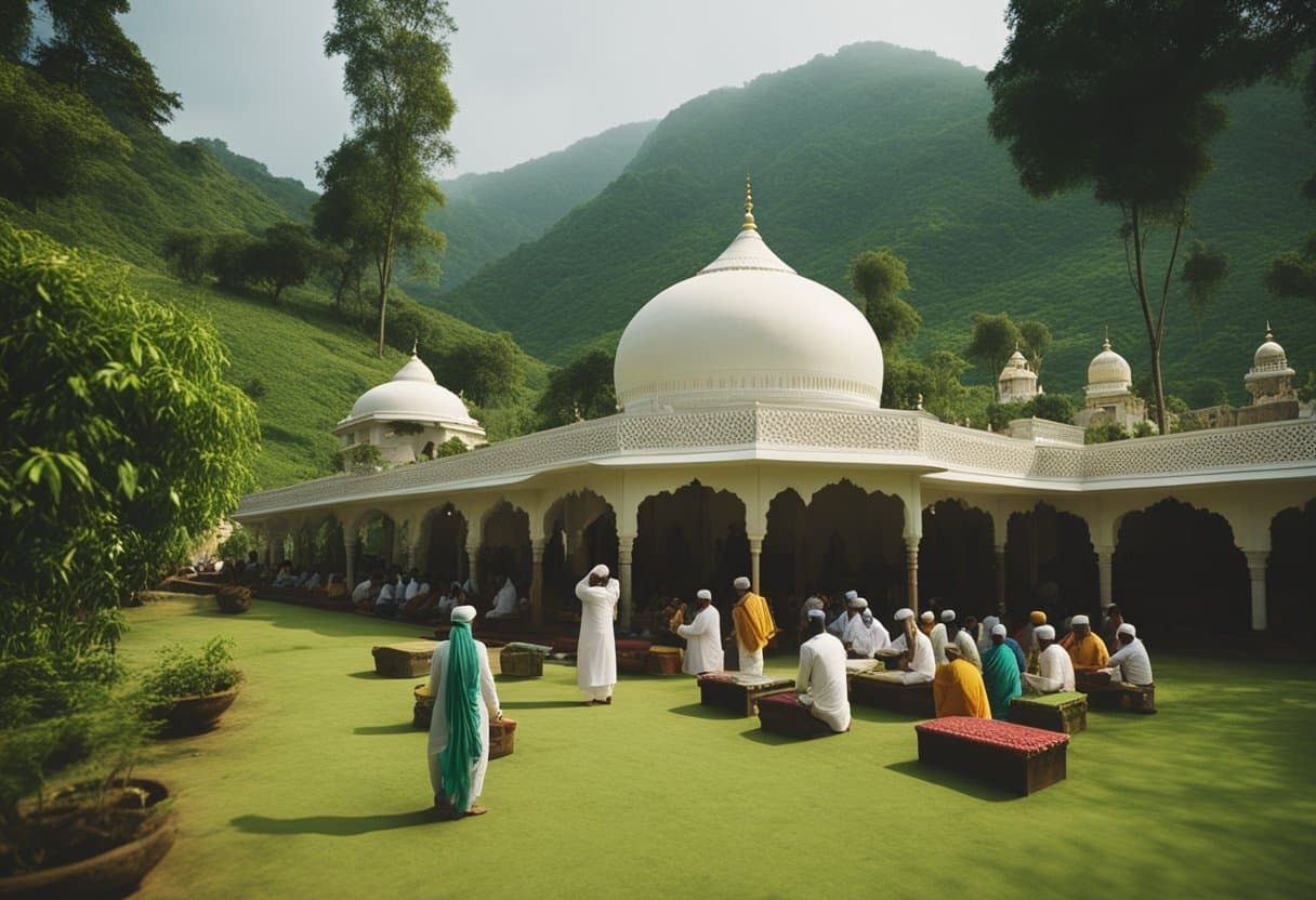 the sufi trail - A serene dargah nestled among lush green hills, with musicians playing traditional Sufi music and devotees engaged in spiritual practices